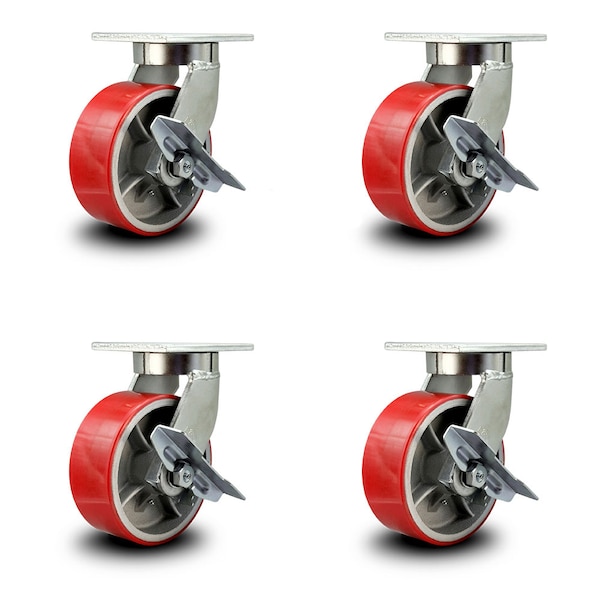 Service Caster 8 Inch Heavy Duty Red Poly on Cast Iron Caster Brakes 2 Swivel Locks, 4PK SCC-KP92S830-PUR-RS-SLB-BSL-2-SLB-2 - main
